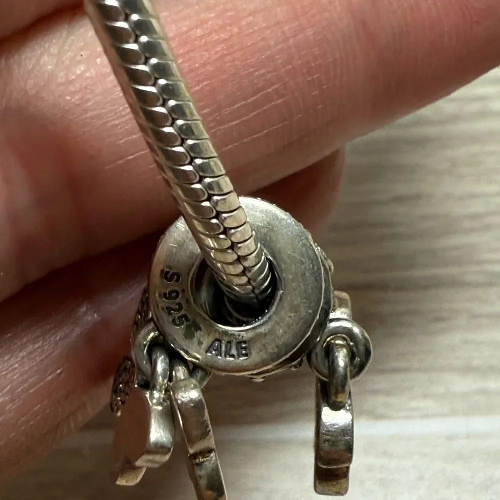 Authentic Pandora Sterling Silver 925 Bracelet w/ Palm Tree, Butterfly Charms